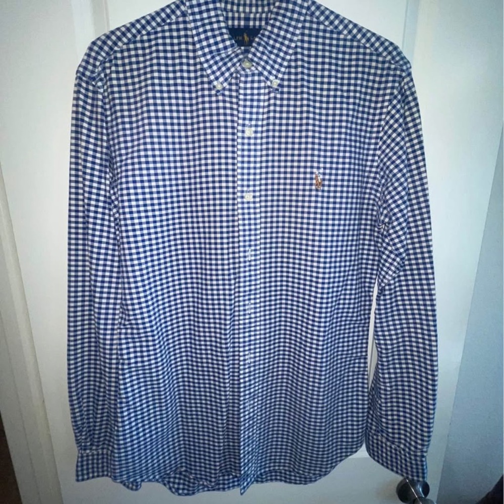 Ralph Lauren Blue and White Checkered Men's Shirt Sz M